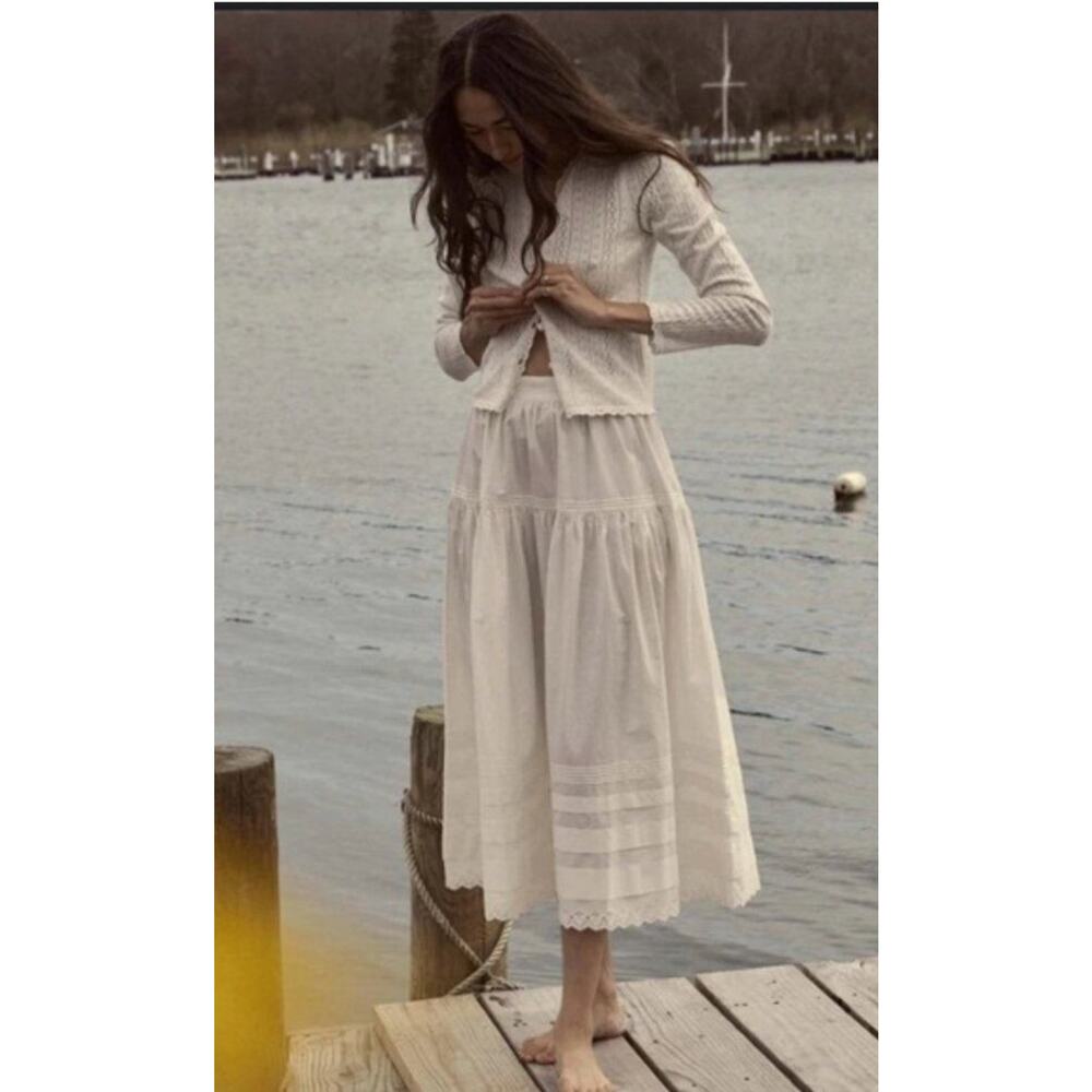 DOEN Sz M Medium Sebastiane Skirt Midi Scalloped Ivory Powder A-Line - Picture 10 of 16